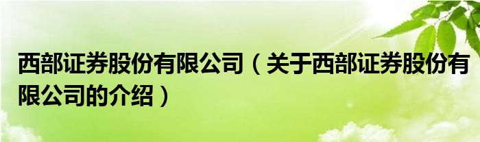 西部证券股份有限公司（关于西部证券股份有限公司的介绍）