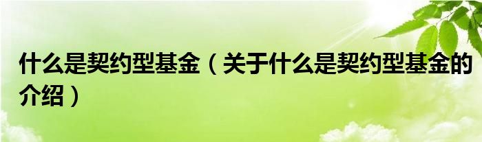 什么是契约型基金（关于什么是契约型基金的介绍）