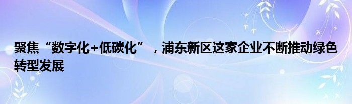 聚焦“数字化+低碳化”，浦东新区这家企业不断推动绿色转型发展