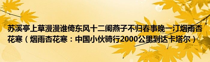 苏溪亭上草漫漫谁倚东风十二阑燕子不归春事晚一汀烟雨杏花寒（烟雨杏花寒：中国小伙骑行2000公里到达卡塔尔）